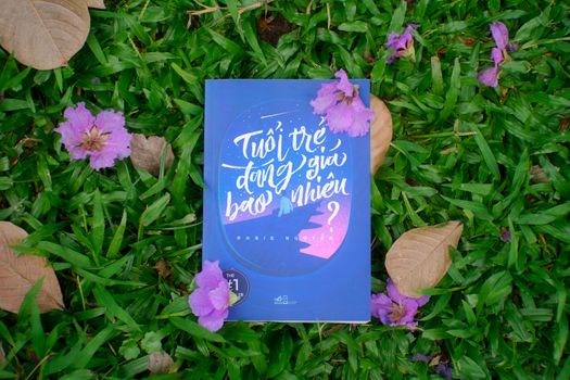 A book lying on green grass surrounded by purple flowers and dry leaves, creating a vibrant scene.