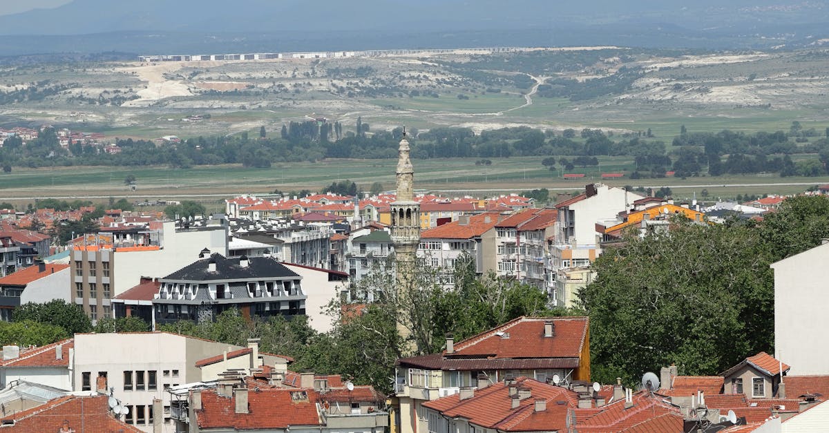 A captivating aerial view of a city featuring red roofs and a prominent minaret in the foreground.