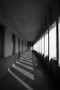 一条长长的空荡荡的走廊被黑白影像捕捉，光影交错，引人注目