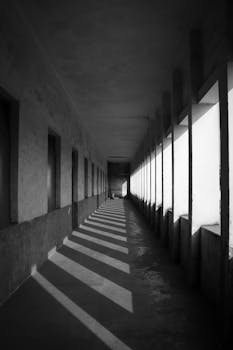 一条长长的空荡荡的走廊被黑白影像捕捉，光影交错，引人注目
