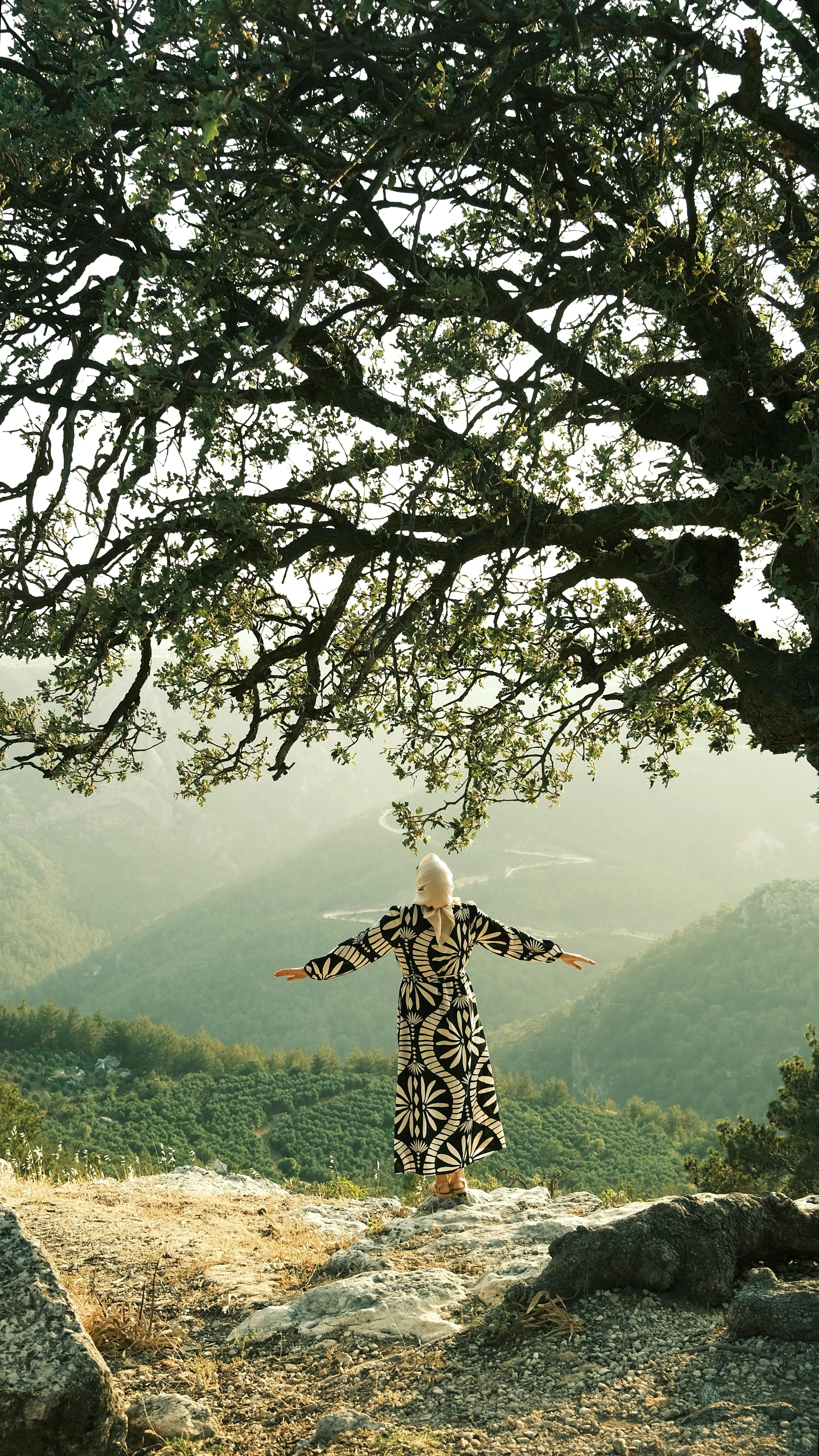A woman in a patterned dress stands under a tree, arms outstretched, overlooking mountains.