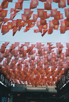 Festive red lanterns hang above the streets of Xi'An, China, celebrating Chinese New Year.