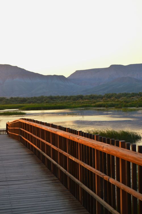 Free Wooden boardwalk at sunset offering a tranquil view of wetlands and distant mountains. Stock Photo
