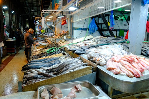 Bustling fish market in Santiago with fresh seafood and local shoppers.