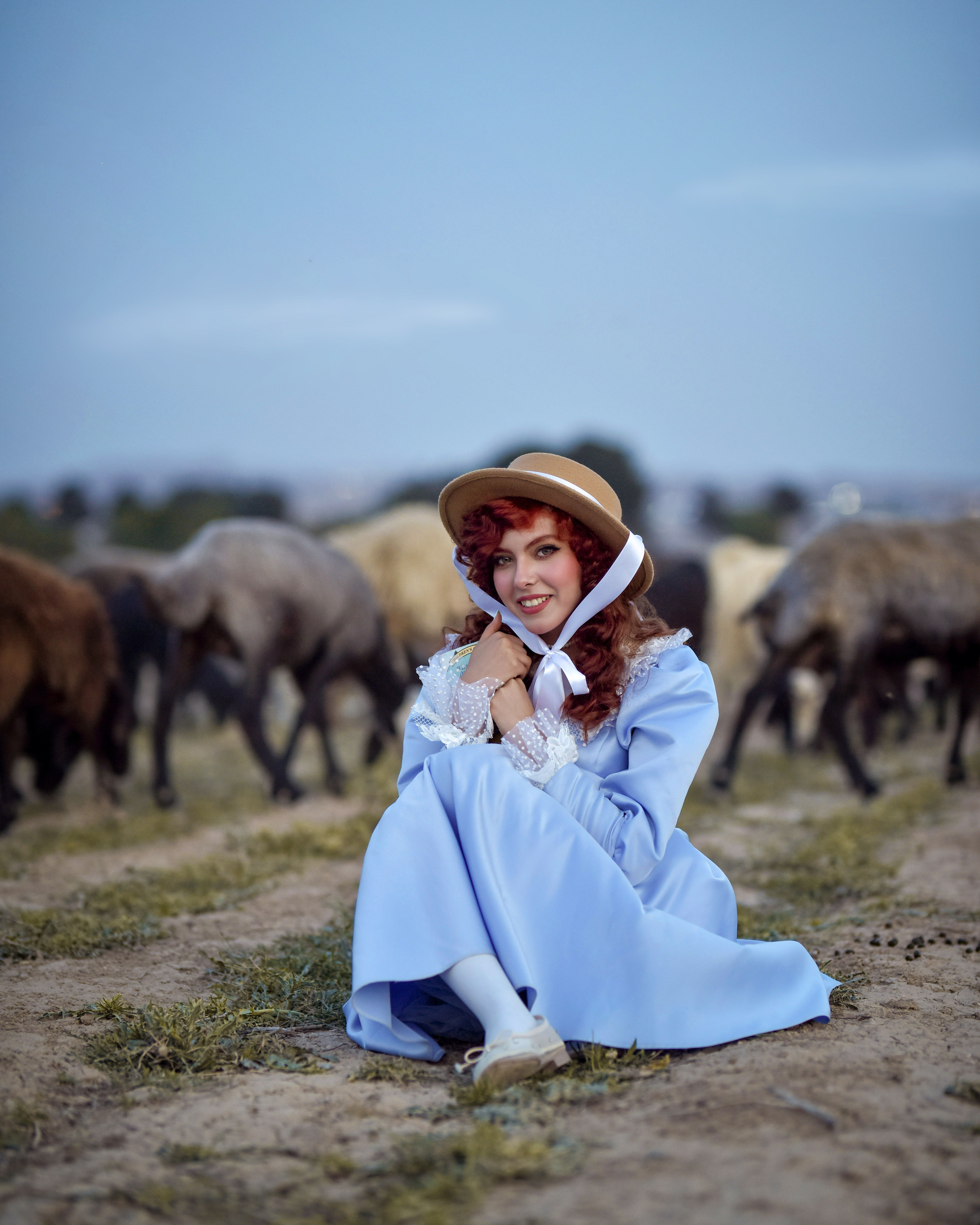 Woman in blue vintage dress sitting among a flock of sheep in an open field.