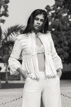 这幅引人注目的单色肖像描绘了一位时尚女性，她正自信地在户外摆着姿势