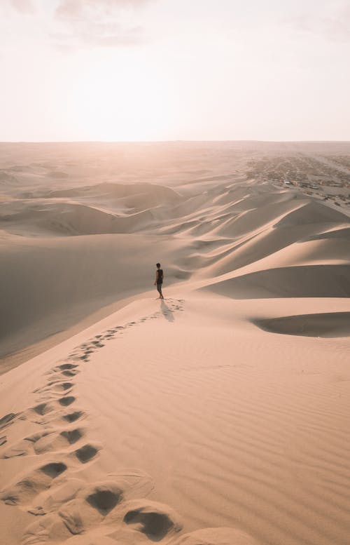 砂漠を一人で歩いている人のハイアングルショット