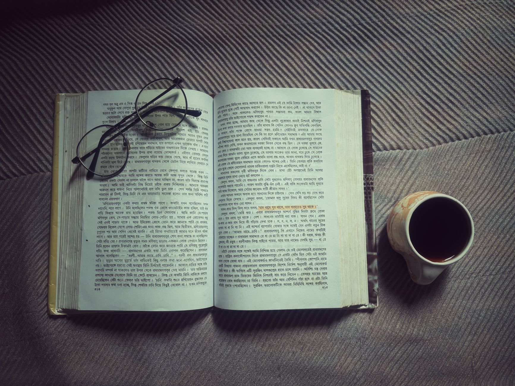 Open Hindi book with glasses and coffee cup on blanket, inviting cozy reading moment.