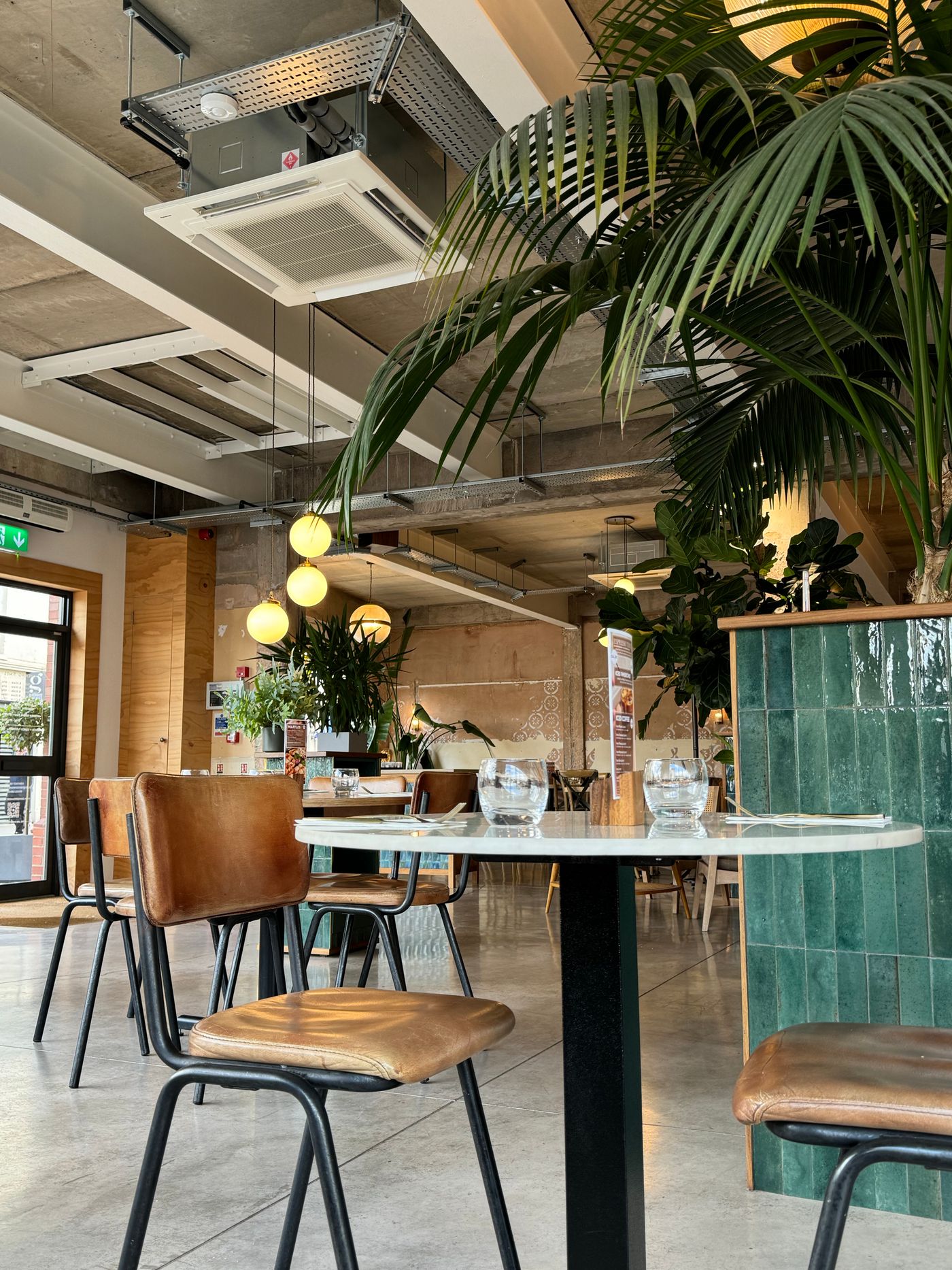 Modern café interior with plants and seating