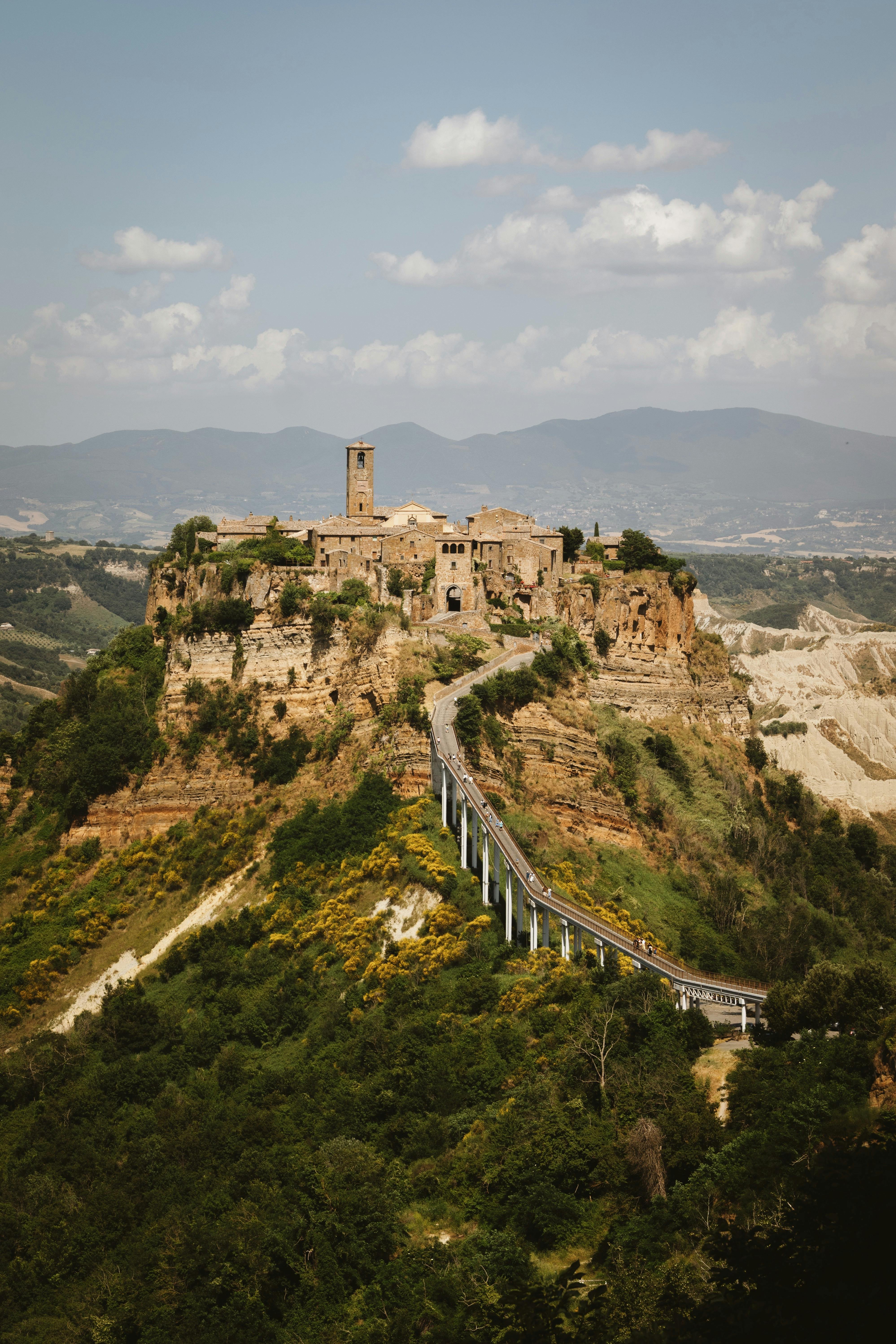 A breathtaking aerial view of Civita di Bagnoregio, an ancient hilltop village in Lazio, Italy.