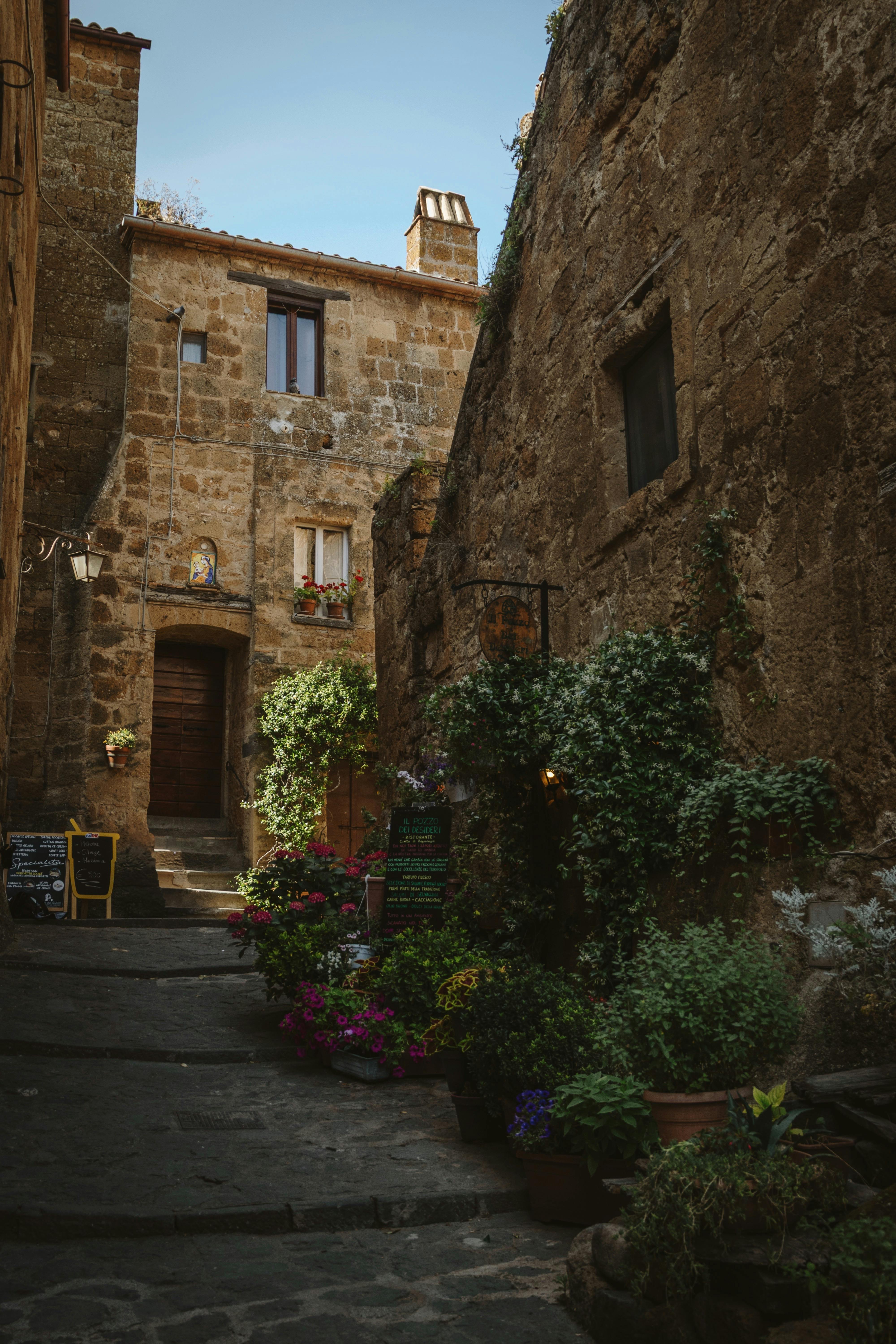 Explore the rustic charm of Civita di Bagnoregio with this picturesque alleyway adorned with flowers.