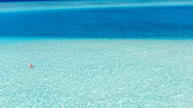 A serene aerial view of a person standing in clear turquoise waters by a beautiful beach.