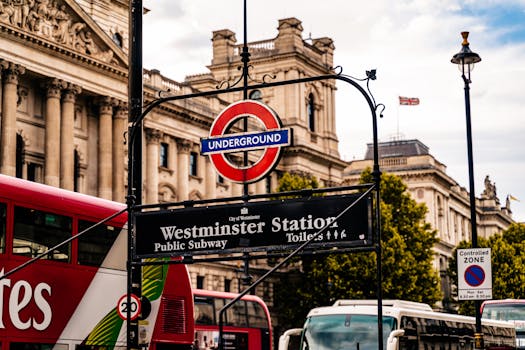 Iconic Westminster Station sign in London with classic architecture and red double-decker buses.