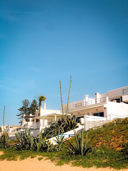 Free Luxurious beach house features modern architecture and succulent landscaping under a clear blue sky. Stock Photo