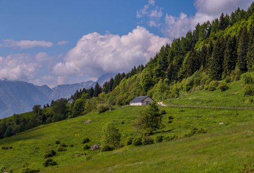 Free Beautiful mountain landscape with lush greenery and a small cabin under clear blue skies. Stock Photo