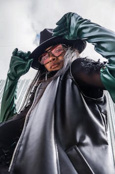 Low-angle shot of a stylish person in leather with hat, pink glasses, and green gloves.