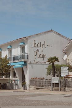 Scenic view of Hôtel de la Plage with classic French design in Saint-Palais-sur-Mer, France.