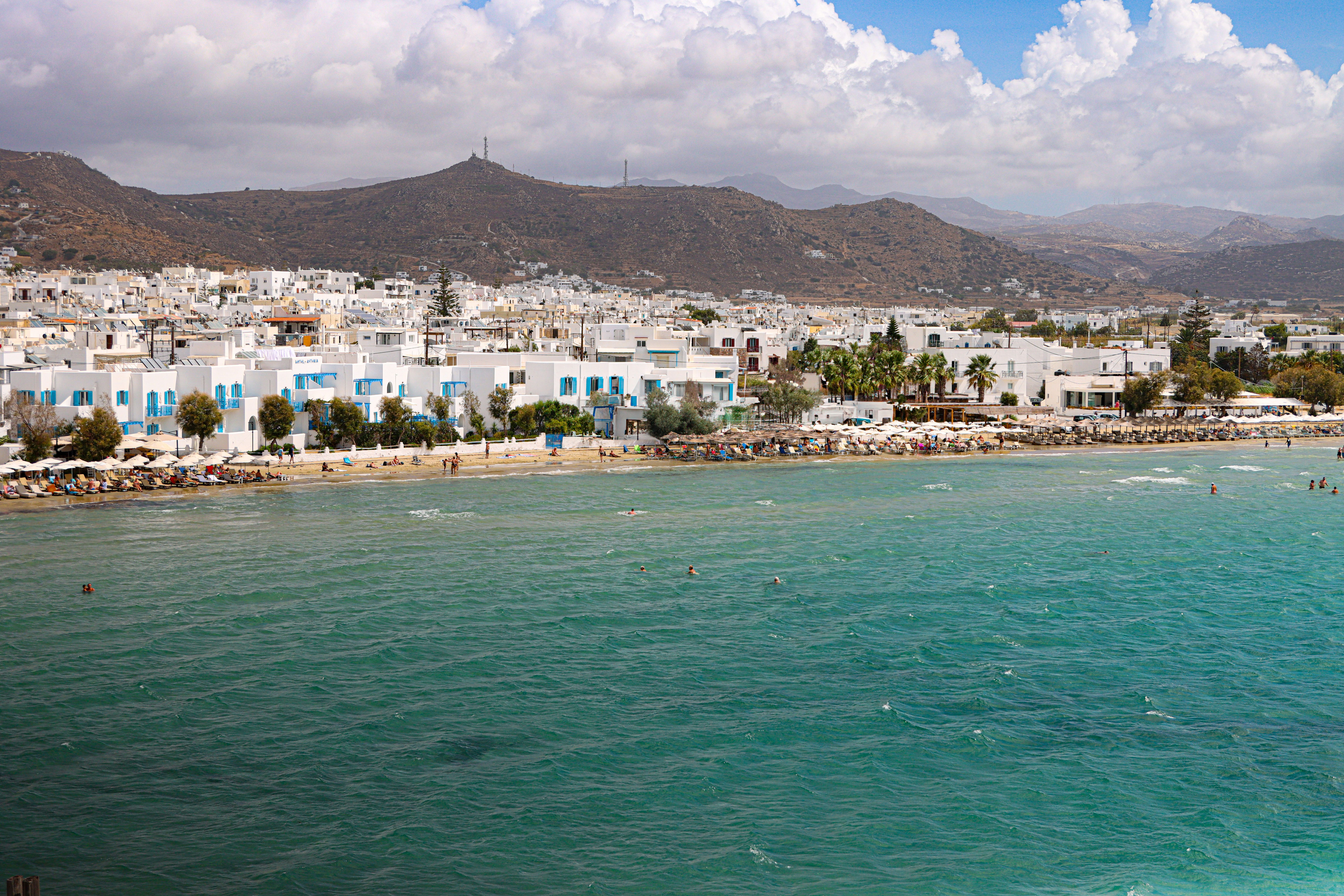 Naxos seaside with white Cycladic buildings