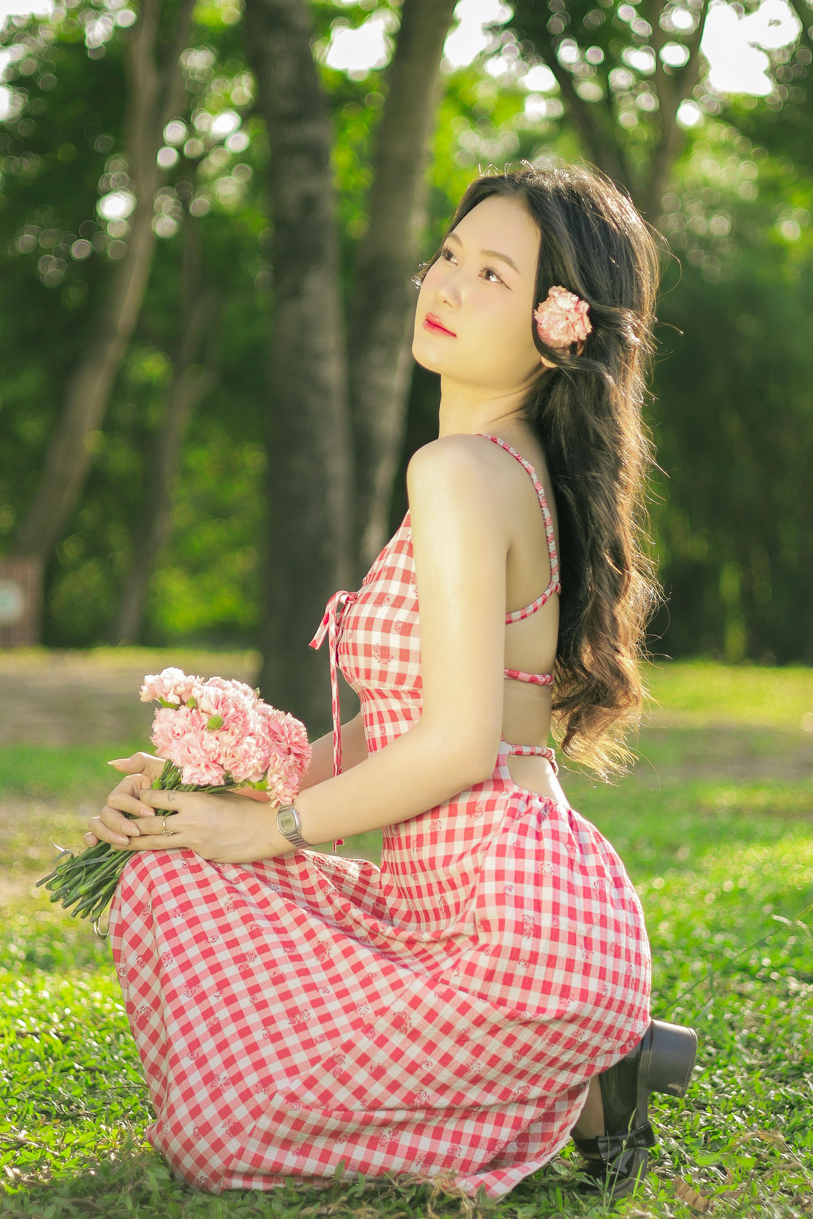 Red gingham bustier top with white midi skirt