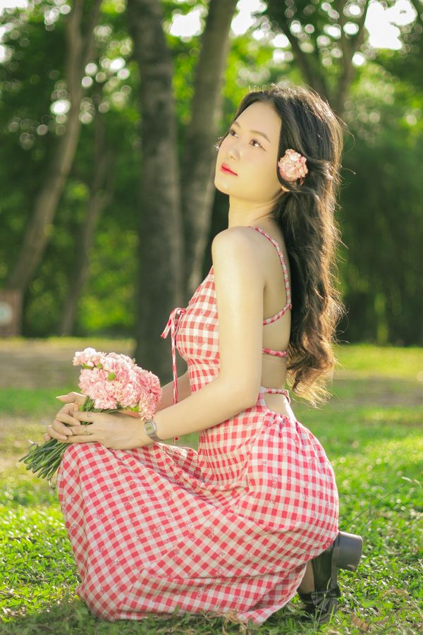 Red gingham bustier top with white midi skirt