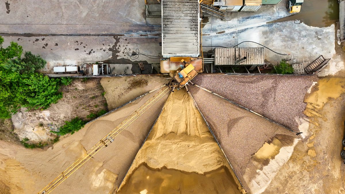 Aerial view of a sand and gravel plant. Each product has its own weight per yard.