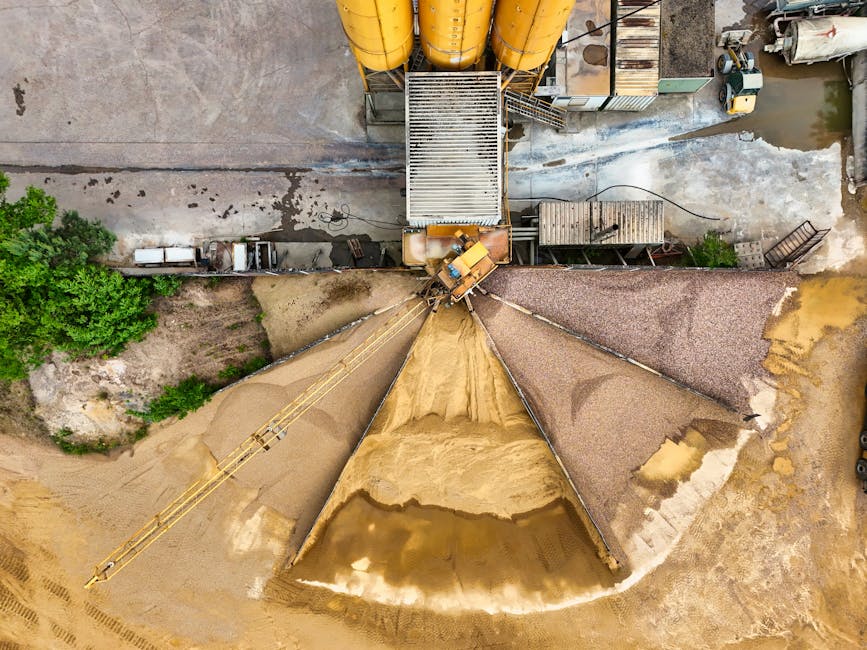 Aerial shot of sand and gravel processing plant in operation.