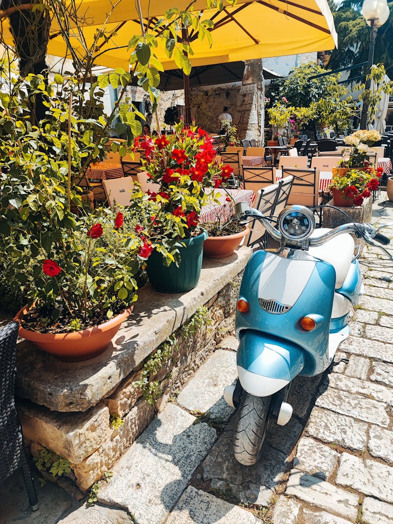 European outdoor cafe with tables and parasols on a sunlit cobblestone street in summer