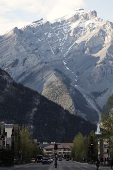Stunning view of Cascade Mountain overlooking Banff Avenue in Banff, Alberta, Canada.