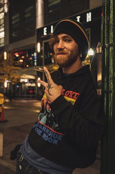 傍晚时分，纹身男子以时尚的造型随意出现在城市街头