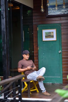 Man sitting relaxed on a chair outdoors near a wooden wall holding a smartphone.
