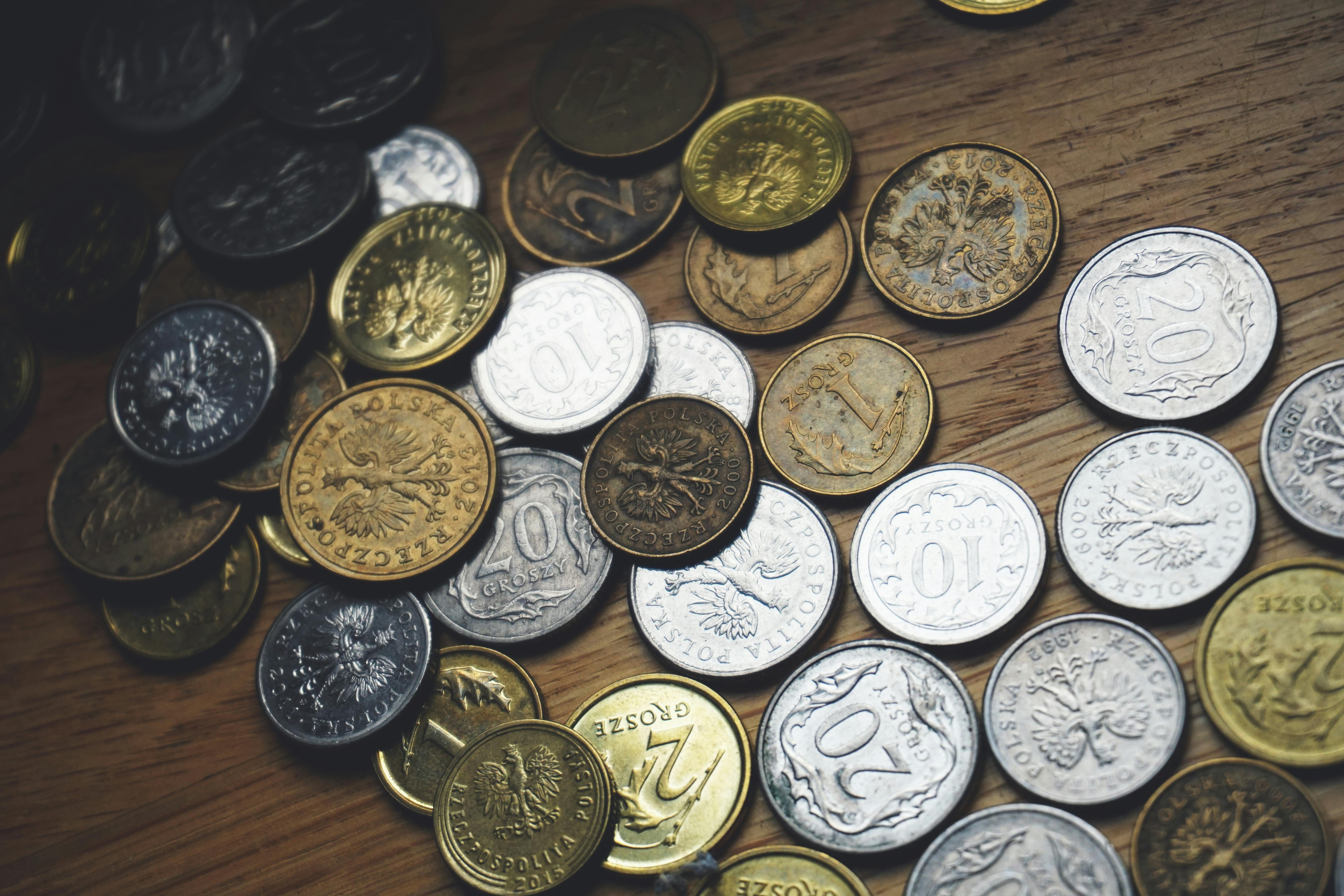 close up of coins on table