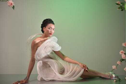 Stunning portrait of a woman in a flowing dress surrounded by delicate roses.