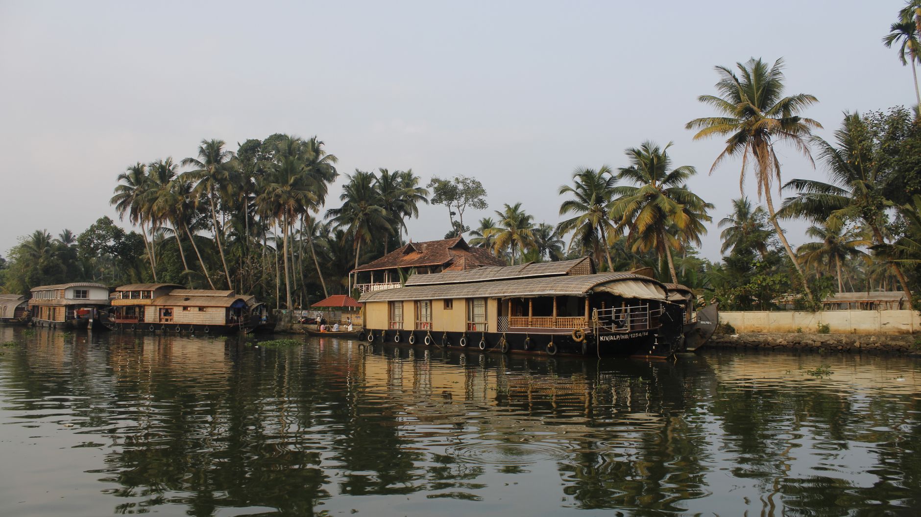 Tranquil Kerala backwaters with houseboats and palm trees at sunrise.