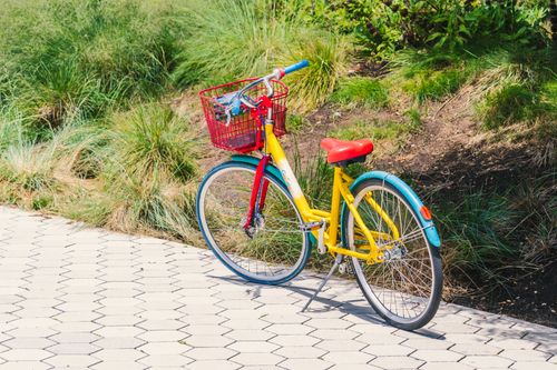 Free A vibrant yellow, red, and blue bicycle parked on a sunny path next to lush green grass. Stock Photo