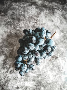 A vertical shot of fresh organic purple grapes on a marble surface, highlighting their juicy and healthy appeal.