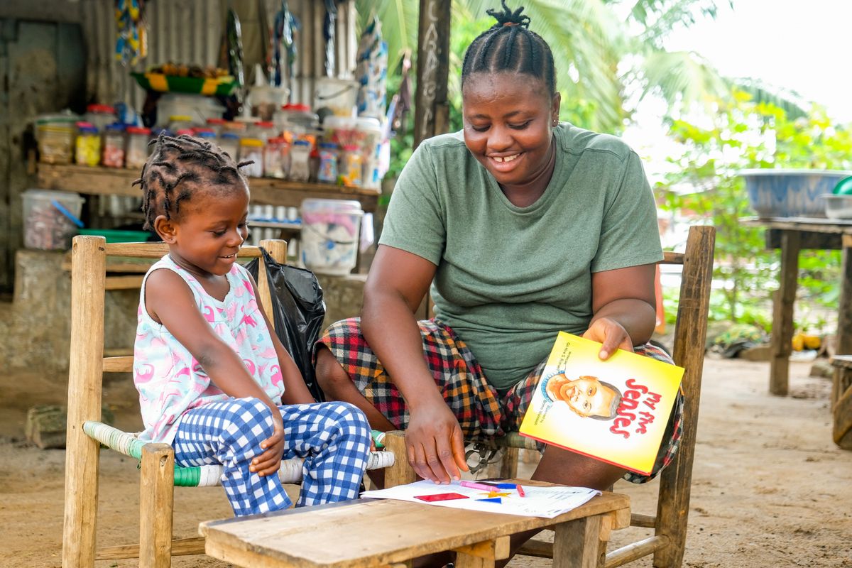 A mother and child creating art together in Monrovia, Liberia