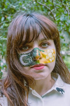 一位画着夜色艺术妆容的女子站在户外，展现出创造力和风格