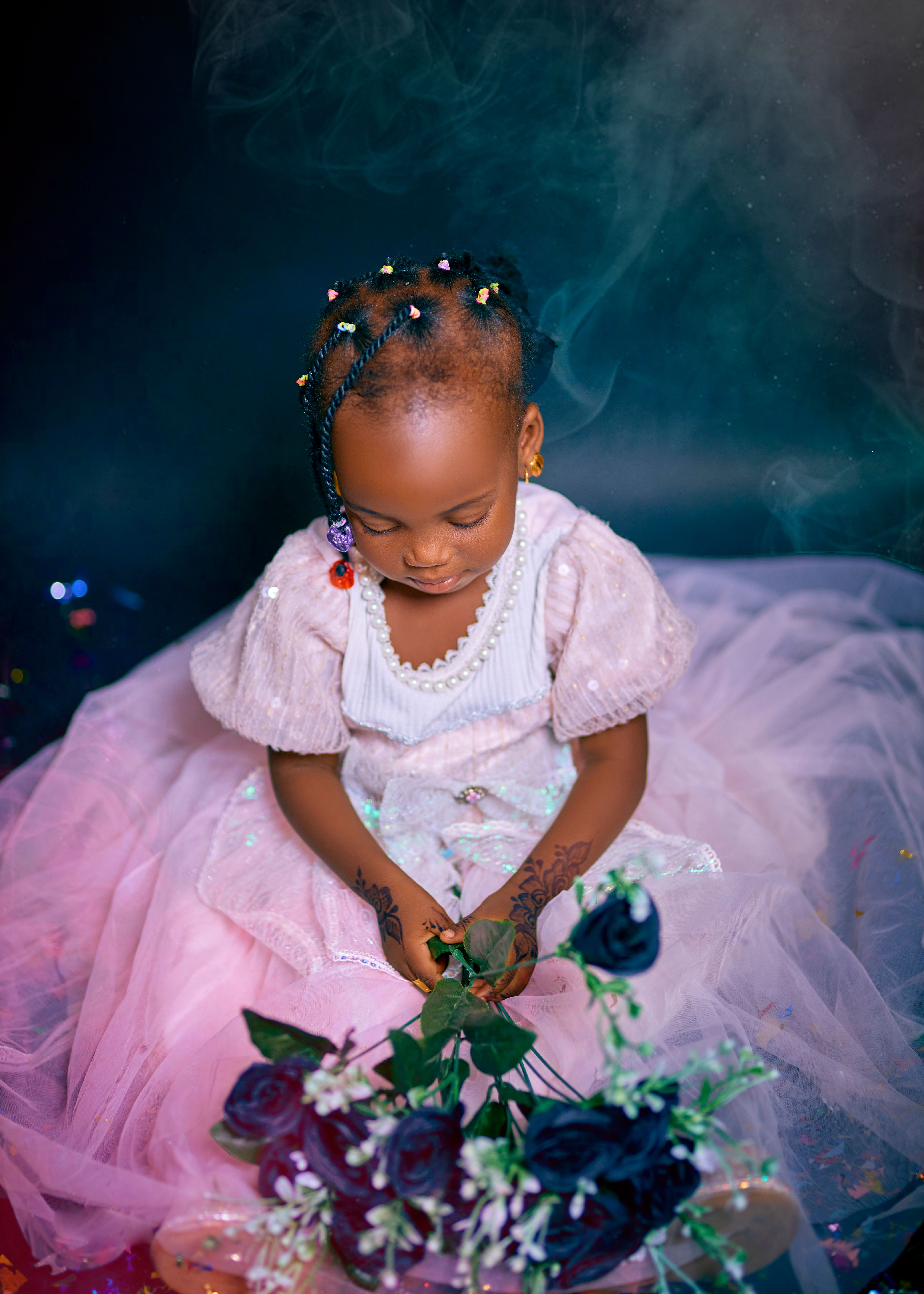 Child in Pink Dress Holding Roses in Studio · Free Stock Photo