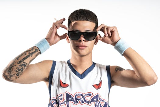 Hip young man in sports jersey and sunglasses posing confidently. Perfect for lifestyle and fashion concepts.