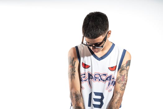 Person with tattoos wearing sunglasses and a basketball jersey with 'Bearcat' text, looking down.