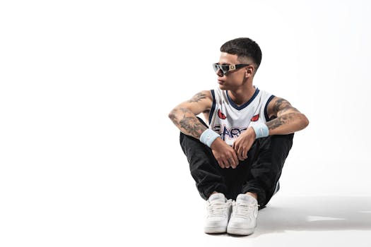 Stylish young man in sunglasses, tattoos, and casual wear sitting with a confident expression.