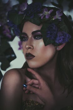 A dramatic portrait of a woman wearing a dark floral crown, accentuating gothic beauty.