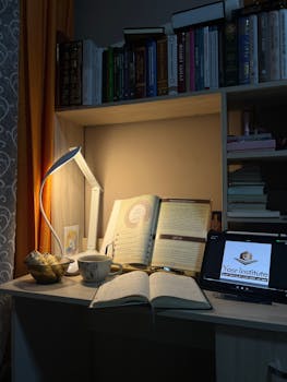 A cozy home office setup with open books, a tablet, and a warm lamp lighting.