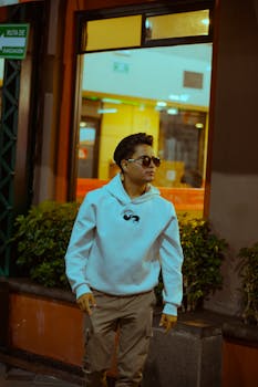 A young man wearing sunglasses and a hoodie stands confidently in a vibrant urban environment at night.