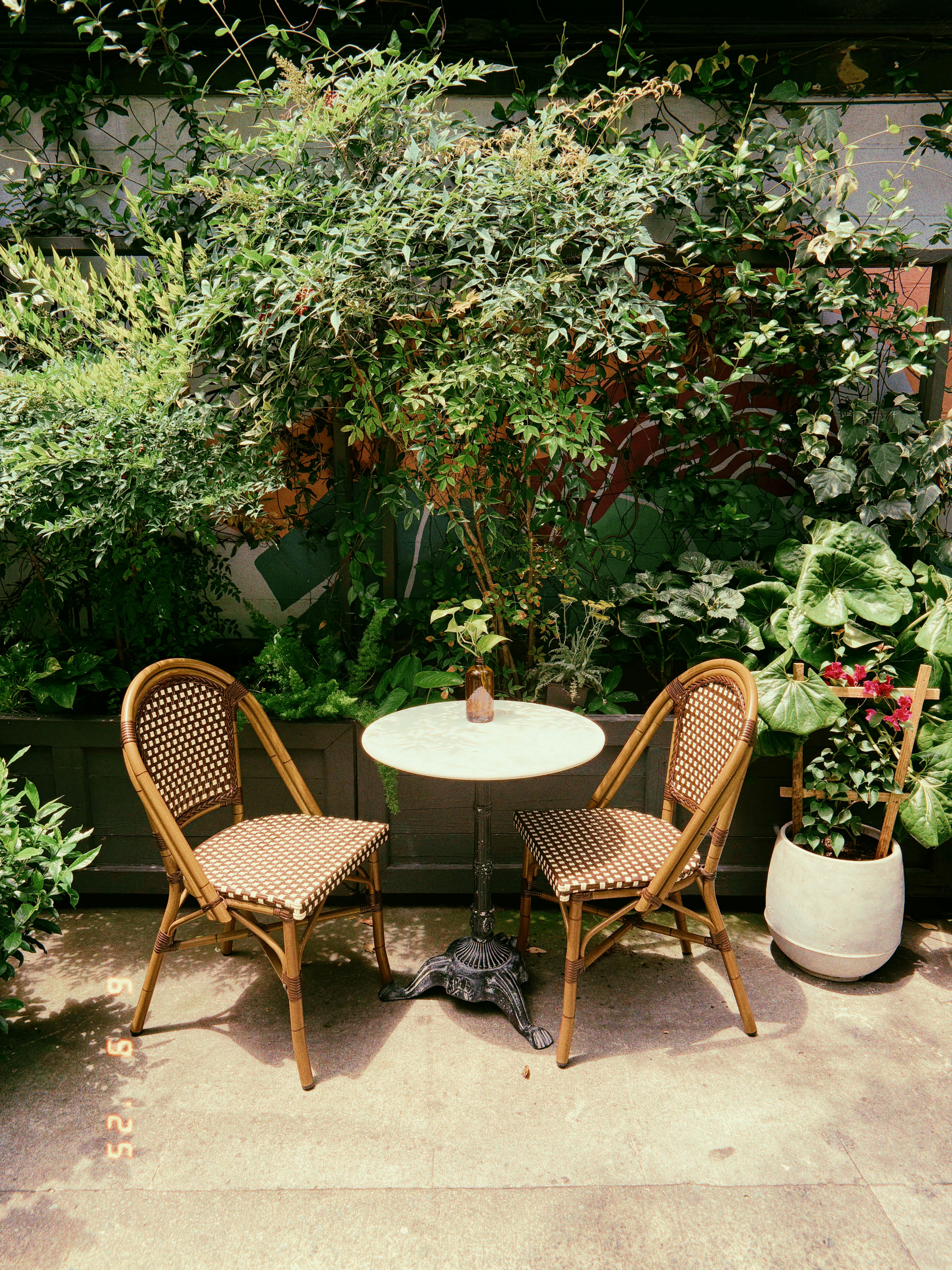 Cozy outdoor cafe setting with wicker chairs and lush greenery, exuding calm and serenity.