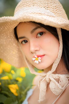 特写镜头中，一位戴草帽的年轻女子嘴里叼着花