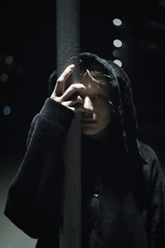 A person in a dark hooded coat stands against a pole at night, creating a mysterious and moody atmosphere.