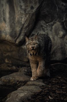 Majestic lynx in rocky wilderness, captured with dramatic lighting.