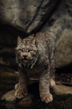 A captivating image of a lynx standing on rocks, exuding wild elegance in its natural habitat.