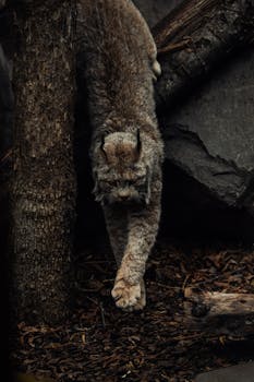 A lynx gracefully walks in a forest, showcasing its natural habitat and elegance.
